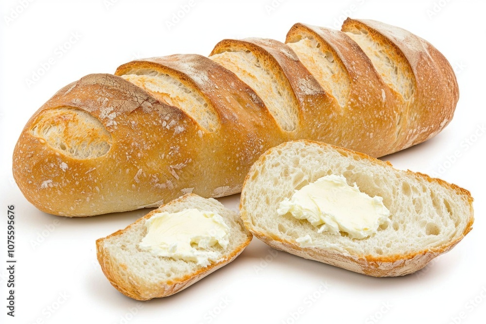 Freshly Baked Artisan Bread Loaf Sliced with Butter Spread on Bread Pieces Isolated on White Background for Culinary or Bakery Themes Freshly Baked Artisan Bread Loaf Sliced with Butter Spread on Bread Pieces Isolated on White Background for Culinary or Bakery Themes