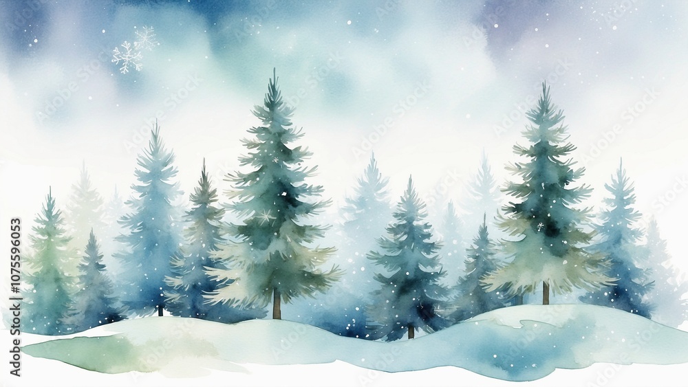 Beautiful watercolor New Year's landscape with evergreen trees and snow-covered hills Beautiful watercolor New Year's landscape with evergreen trees and snow-covered hills