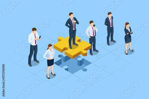 Isometric Business Puzzle. Teamwork and partnership. Business people join puzzle pieces. Doing business