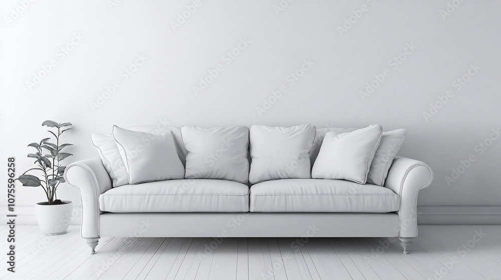 White sofa with pillows and plant in minimalist living room. White sofa with pillows and plant in minimalist living room.