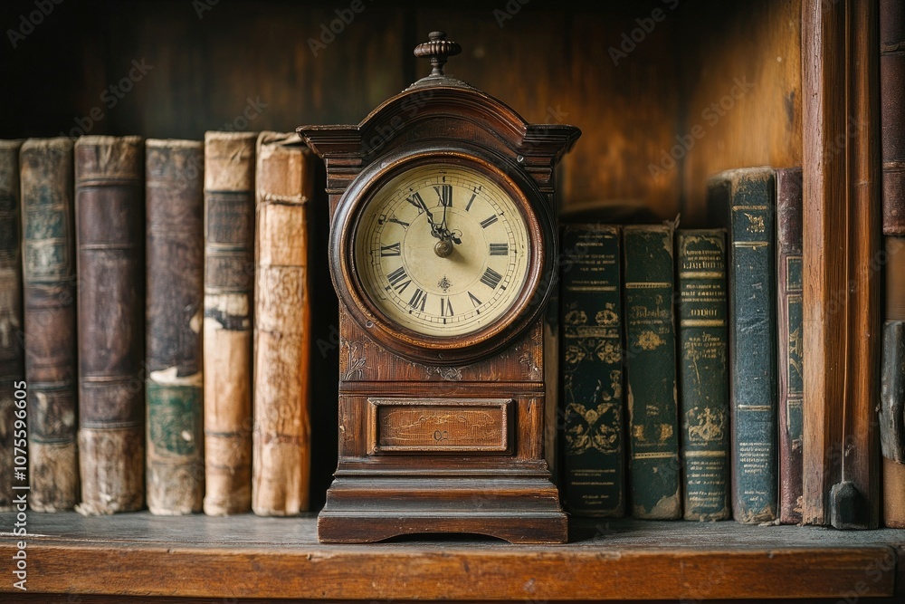Antique wooden clock stands on bookshelf in library, showing history and time Antique wooden clock stands on bookshelf in library, showing history and time