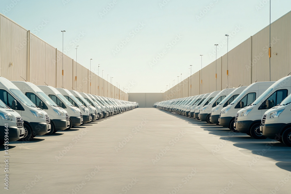 Fototapeta premium rows of white delivery vans parked symmetrically in a wide industrial lot under bright daylight highlighting urban logistics 