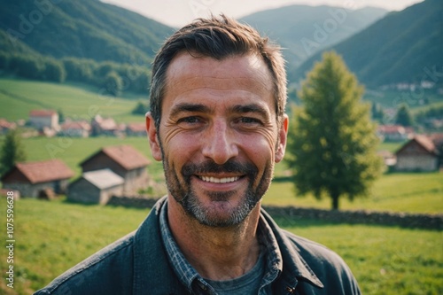 Close portrait of a smiling 40s Bosnian male farmer standing and looking at the camera, outdoors Bosnian rural blurred background