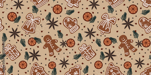 Seamless pattern with gingerbread, fir branches, berries, orange slices, star anise. Christmas and new year winter vector background. Wrapping paper, textile, fabric texture.