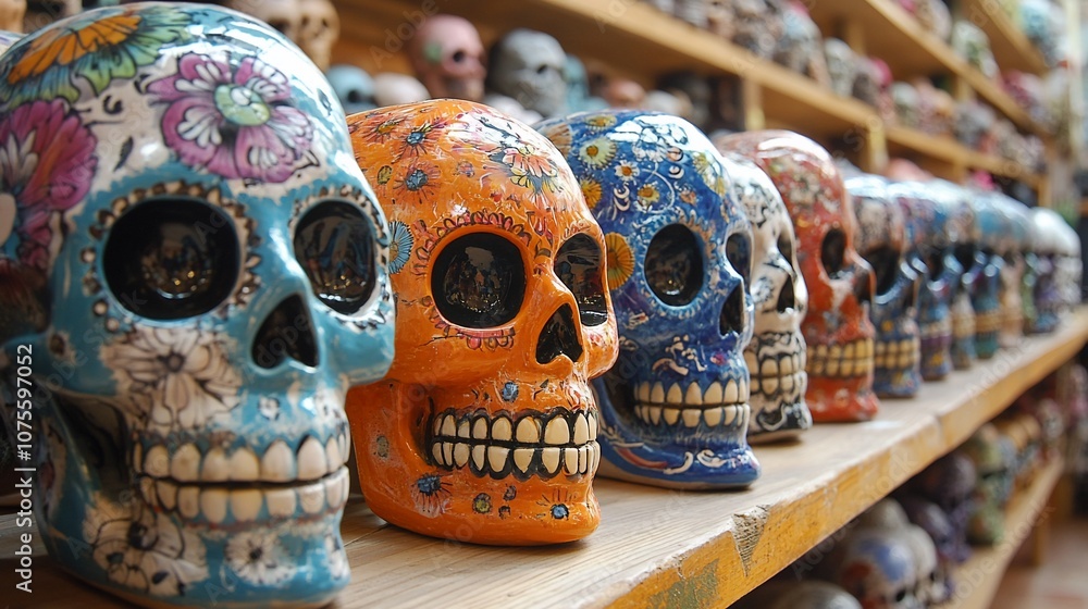 Fototapeta premium Colorful Sugar Skulls on a Shelf.