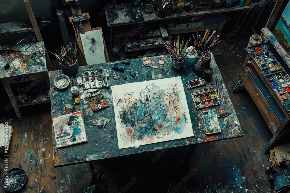 Painter's desk showing creative process in art studio Painter's desk showing creative process in art studio