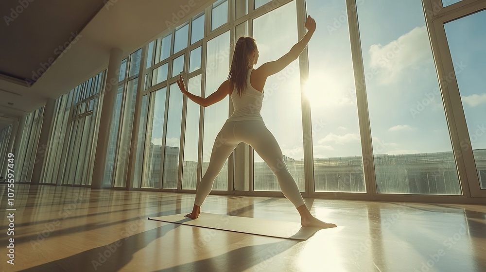 Woman doing yoga pose by large windows with sunlight streaming in. Woman doing yoga pose by large windows with sunlight streaming in.