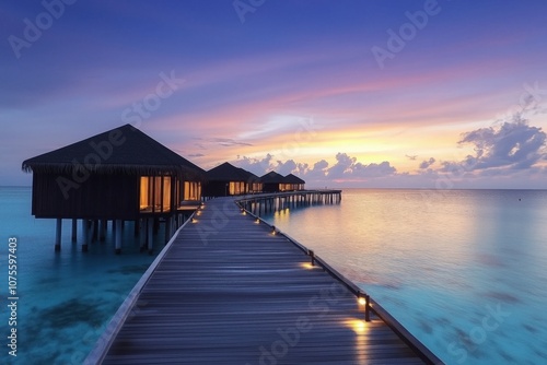 Wooden pier leading to overwater bungalows at sunset in maldives