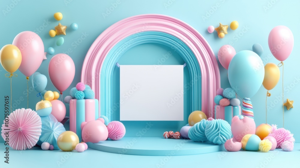 Pastel Dreamland: A whimsical 3D render of a birthday scene, featuring pastel balloons, gifts, and a blank canvas ready for your message. Perfect for announcements or invitations. Pastel Dreamland: A whimsical 3D render of a birthday scene, featuring pastel balloons, gifts, and a blank canvas ready for your message. Perfect for announcements or invitations.
