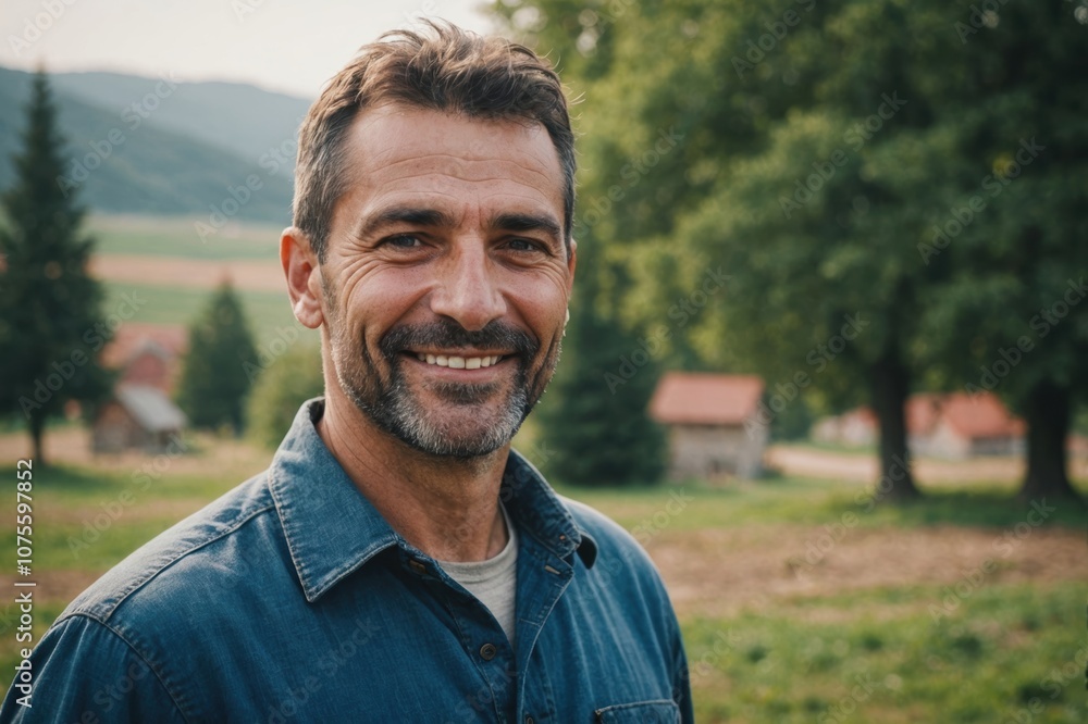 Close portrait of a smiling 40s Bulgarian male farmer standing and looking at the camera, outdoors Bulgarian rural blurred background Close portrait of a smiling 40s Bulgarian male farmer standing and looking at the camera, outdoors Bulgarian rural blurred background