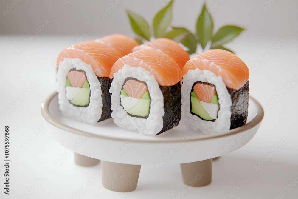Fresh Salmon Sushi Rolls on a Decorative Plate with Green Leaves in the Background for a Modern Culinary Presentation and Food Photography Fresh Salmon Sushi Rolls on a Decorative Plate with Green Leaves in the Background for a Modern Culinary Presentation and Food Photography