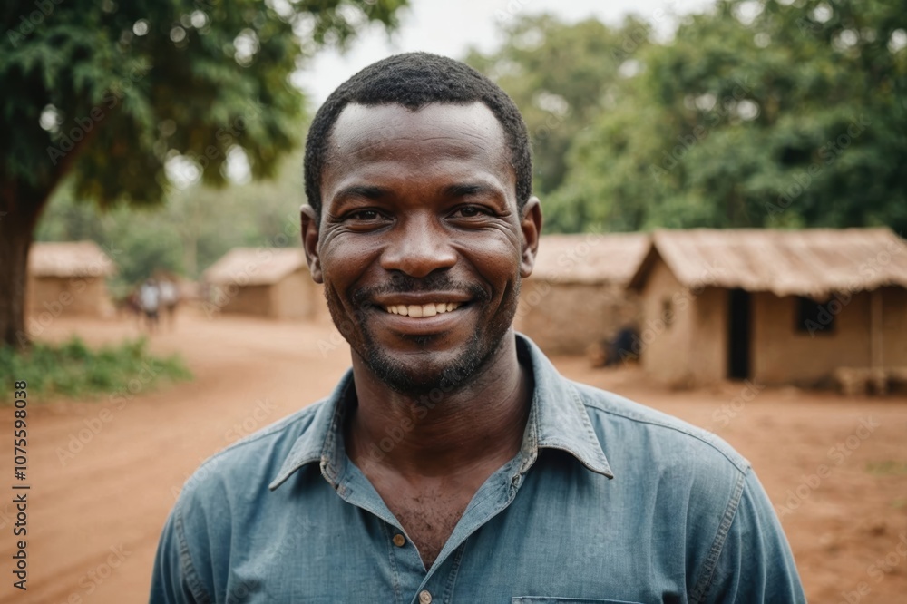 Close portrait of a smiling 40s Burkinabé male farmer standing and looking at the camera, outdoors Burkinabé rural blurred background Close portrait of a smiling 40s Burkinabé male farmer standing and looking at the camera, outdoors Burkinabé rural blurred background