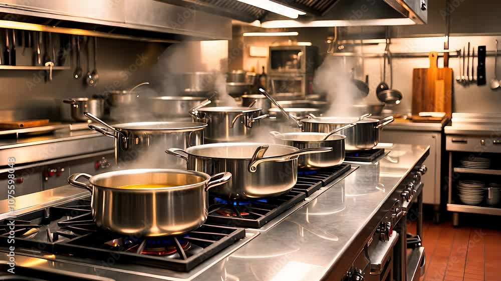 Professional Kitchen with Multiple Steaming Pots on Stoves Professional Kitchen with Multiple Steaming Pots on Stoves