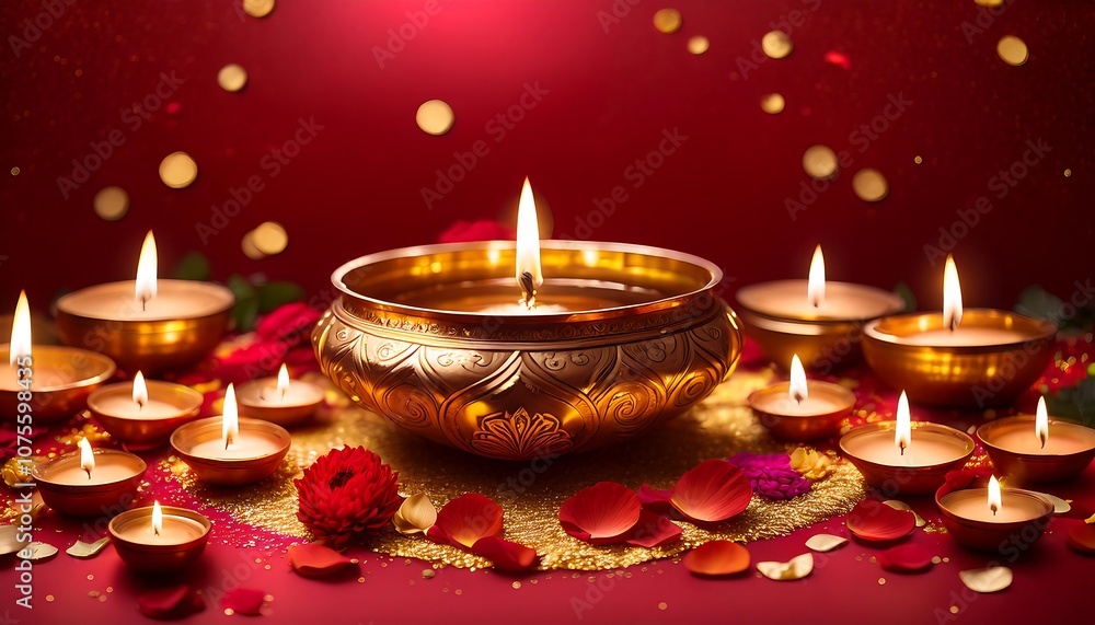 A traditional Diwali celebration features a rich red background with golden motifs, shimmer_1(717) A traditional Diwali celebration features a rich red background with golden motifs, shimmer_1(717)