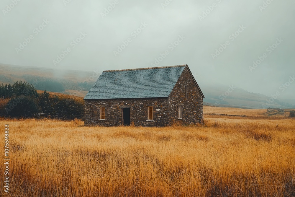 Old stone barn standing in golden field on foggy day Old stone barn standing in golden field on foggy day