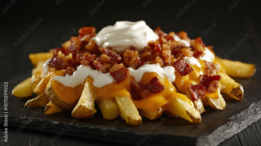 Loaded potato fries with melted cheese, bacon, and sour cream, isolated on a black slate background for contrast Loaded potato fries with melted cheese, bacon, and sour cream, isolated on a black slate background for contrast