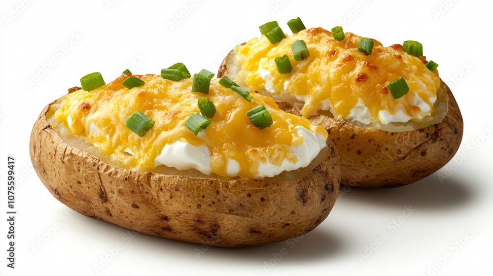 Fototapeta premium Perfectly baked potato halves loaded with sour cream, cheese, and green onions, vibrant on a white background with chive garnish