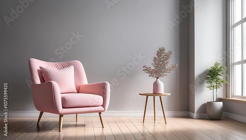  A soft pink chair sits against a light gray wall in a minimalist room with wooden floors an_1(690)