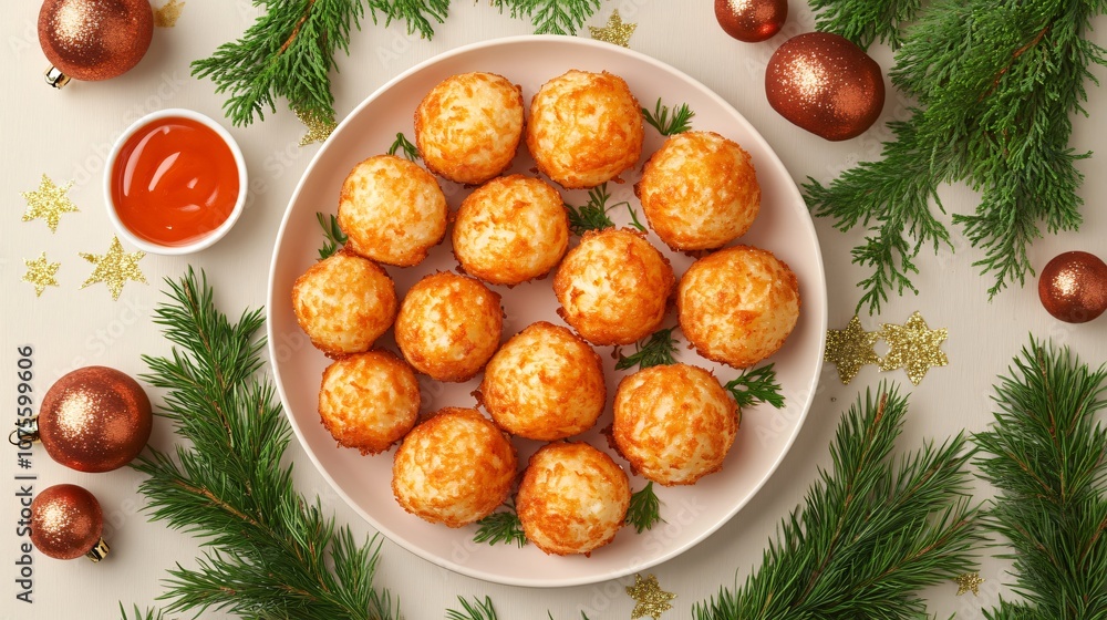 Perfectly fried potato balls with cheese filling, arranged on a festive background with herbs and dipping sauce Perfectly fried potato balls with cheese filling, arranged on a festive background with herbs and dipping sauce