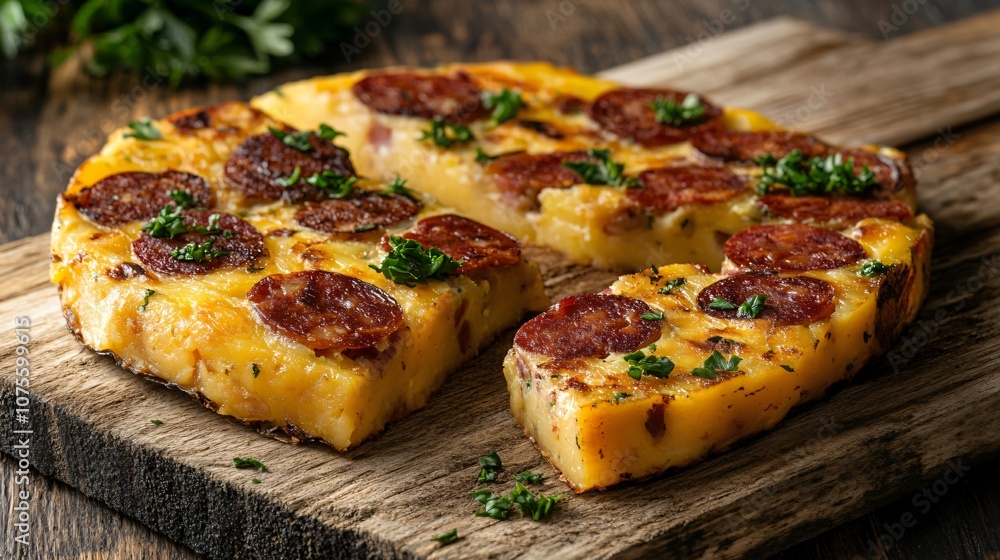 Potato and chorizo Spanish tortilla, thick slices with parsley garnish, isolated on a simple rustic background Potato and chorizo Spanish tortilla, thick slices with parsley garnish, isolated on a simple rustic background