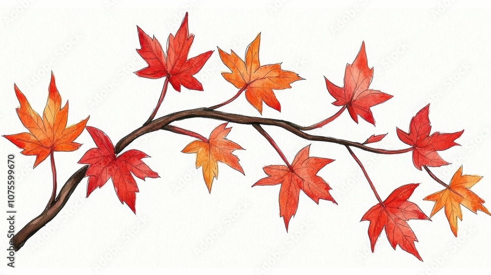 Vibrant Autumn Maple Leaf Branch with Shades of Red and Orange Illustrating the Beauty of Fall Foliage in a Soft and Elegant Design for Nature Lovers and Art Enthusiasts Vibrant Autumn Maple Leaf Branch with Shades of Red and Orange Illustrating the Beauty of Fall Foliage in a Soft and Elegant Design for Nature Lovers and Art Enthusiasts