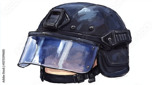 Illustrated Black Tactical Helmet with Full Face Shield for Law Enforcement or Security Purposes in a Detailed Artistic Style