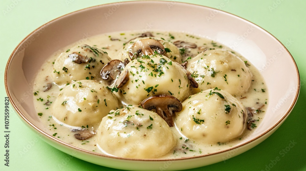Potato dumplings in a rich mushroom sauce, isolated on a soft green background with garnish Potato dumplings in a rich mushroom sauce, isolated on a soft green background with garnish