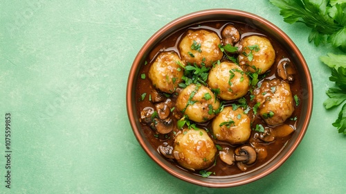 Potato dumplings in a rich mushroom sauce, isolated on a soft green background with garnish photo