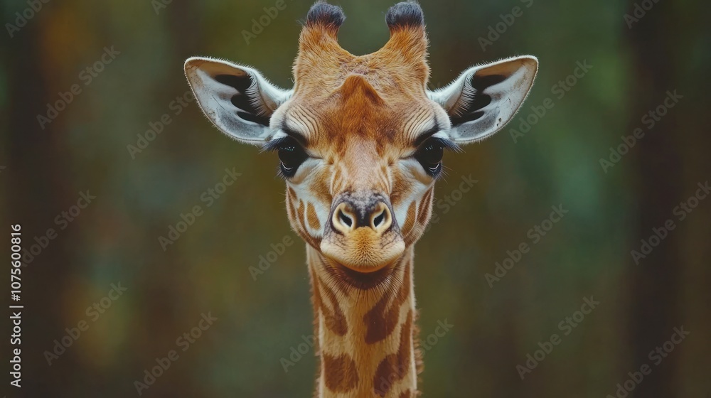 Obraz premium Close-up portrait of a giraffe looking directly at the camera.