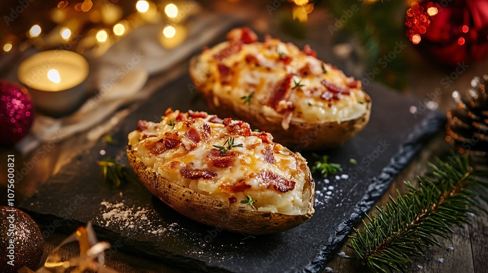 Twice-baked potatoes topped with cheese and bacon, festive presentation on a party-themed background Twice-baked potatoes topped with cheese and bacon, festive presentation on a party-themed background