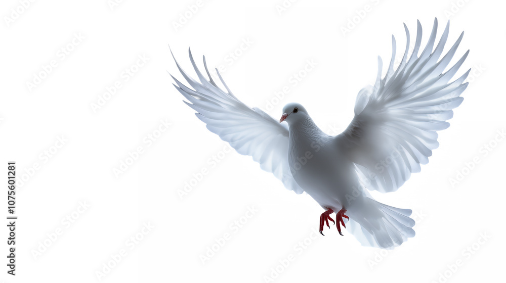 White dove in flight, spread wings, ethereal, peace symbol, graceful motion, soft lighting, pure white feathers, red feet, against light background, heavenly imagery, spiritual symbolism, freedom White dove in flight, spread wings, ethereal, peace symbol, graceful motion, soft lighting, pure white feathers, red feet, against light background, heavenly imagery, spiritual symbolism, freedom