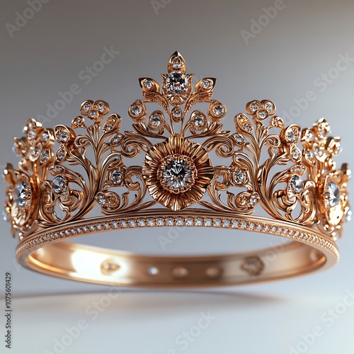 A gold and diamond crown with intricate floral designs, a symbol of royalty and power. photo