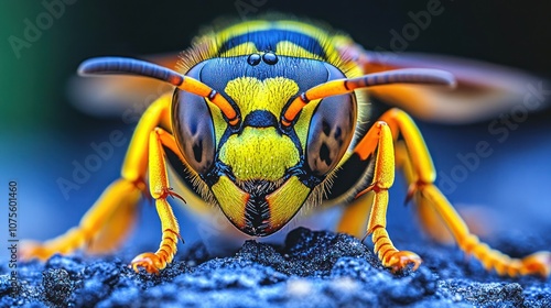 Close-up portrait of a yellow jacket wasp with its eyes in focus. photo