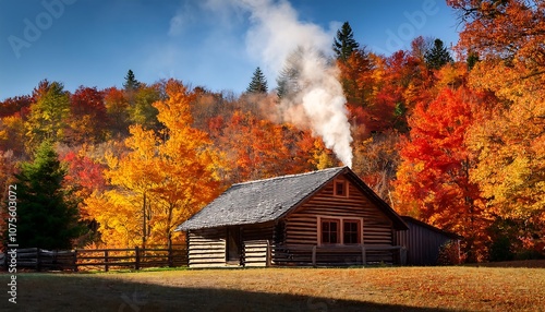  A rustic cabin surrounded by autumn hues of red, orange, and gold has smoke billowing f_1(497)