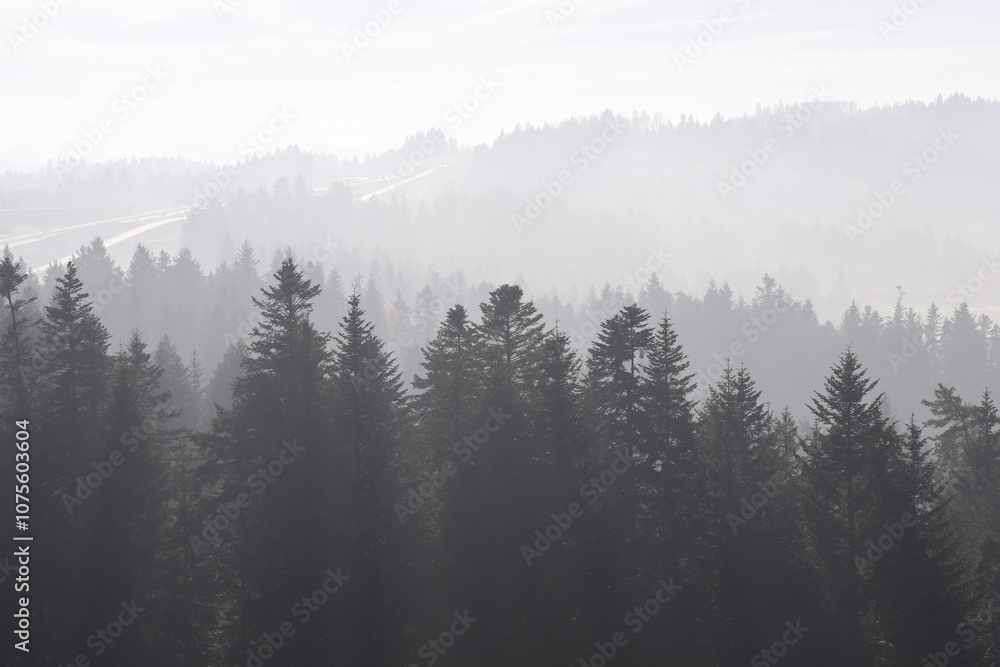 Foggy morning in mountainous terrain. Villages in the distance. Foggy morning in mountainous terrain. Villages in the distance.