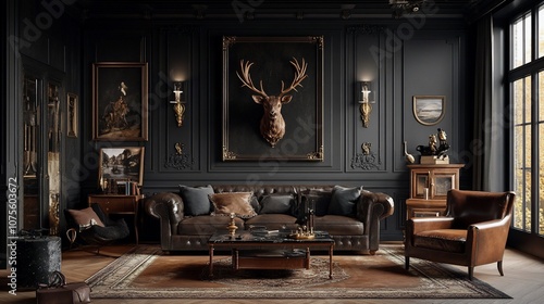 Wallpaper Mural Dark and luxurious living room interior with leather furniture, a large window, and a mounted deer head. Torontodigital.ca