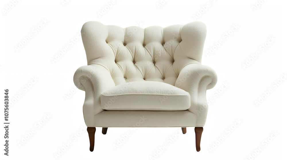 Luxurious cream armchair, tufted upholstery, rolled arms, wooden legs, elegant furniture, plush seating, vintage-inspired design, off-white fabric, comfortable lounge chair, studio photography Luxurious cream armchair, tufted upholstery, rolled arms, wooden legs, elegant furniture, plush seating, vintage-inspired design, off-white fabric, comfortable lounge chair, studio photography