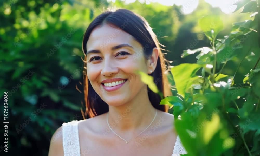 Portrait of a Smiling Woman Surrounded by Green Foliage
Portrait of a Smiling Woman Surrounded by Green Foliage