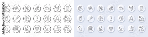 Dont touch, Toilet paper and Organic waste line icons. White pin 3d buttons, chat bubbles icons. Pack of Rubber gloves, Dish plate, Dirty mask icon. Vector