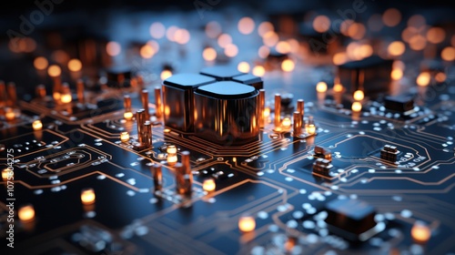 High-Tech Circuit Board with Advanced Microprocessors and Electronic Components. Futuristic Technology Background photo