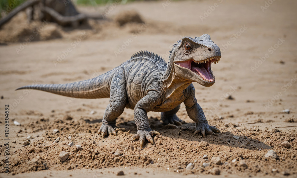 A dinosaur stands on a sandy surface, with its mouth open and its teeth showing A dinosaur stands on a sandy surface, with its mouth open and its teeth showing