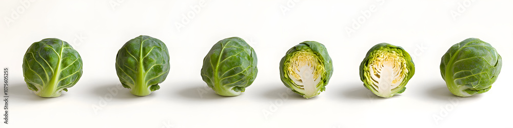 Fototapeta premium Healthy Green Brussels Sprouts Row Arrangement. White Background. 