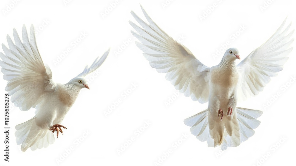Fototapeta premium Dove White Background. Collage of Two Free Flying White Birds with Beautiful Wings