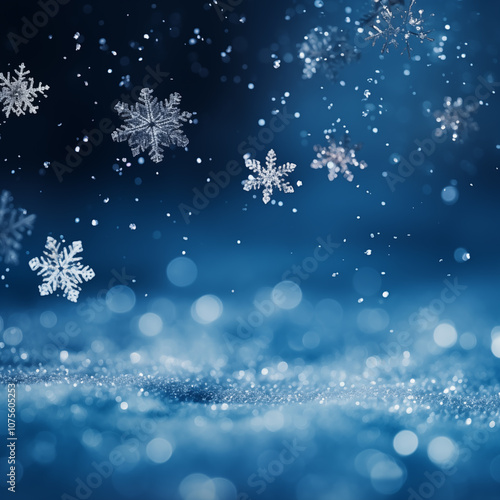 close up of snowflake on blue background, dark fantasy background, gentle snow