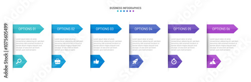 Horizontal progress bar featuring 6 arrow-shaped elements, symbolizing the six stages of business strategy and progression. Clean timeline infographic design template. Vector for presentation