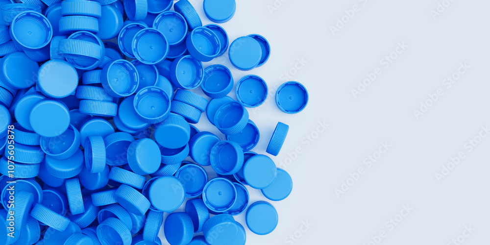 Top view on a pile of blue plastic bottle caps on white background. Plastic industry product. Garbage reuse. 3d render illustration Top view on a pile of blue plastic bottle caps on white background. Plastic industry product. Garbage reuse. 3d render illustration