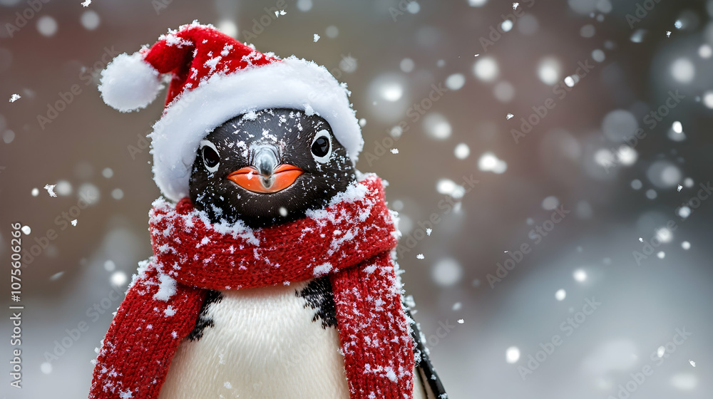 Penguin in a festive hat and scarf on a snowy background with gentle snowflakes falling around. illustrations Penguin in a festive hat and scarf on a snowy background with gentle snowflakes falling around. illustrations
