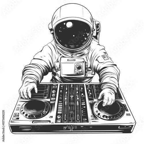 vector astronaut at dj console black lines on white background .Generative AI