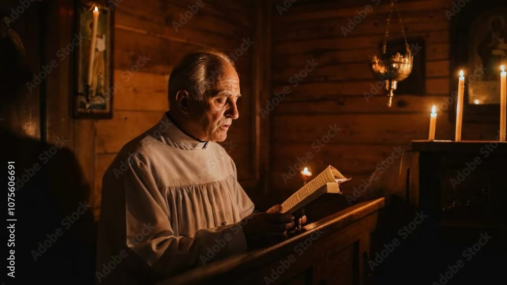 Elderly man in a candle-lit wooden chapel reading solemnly, creating an atmosphere of reflection, devotion, and spiritual warmth Elderly man in a candle-lit wooden chapel reading solemnly, creating an atmosphere of reflection, devotion, and spiritual warmth