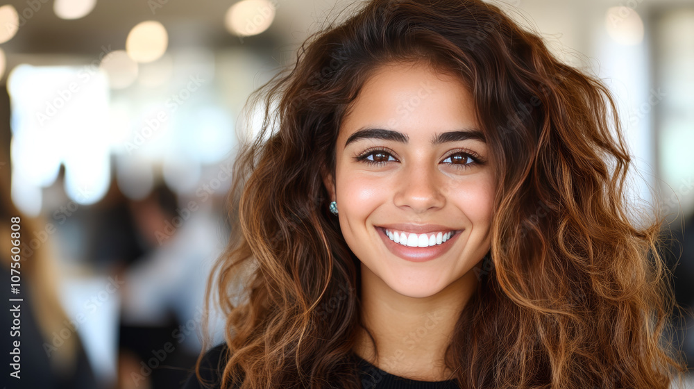 Young woman with brown hair smiling in a brightly lit office. Young woman with brown hair smiling in a brightly lit office.